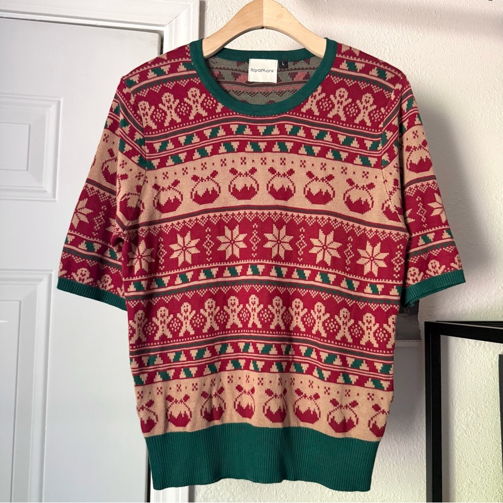 ROYAL MONK green red Nordic holiday‎ Christmas short puff sleeve cropped sweater